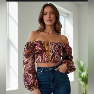 Elegant Off-Shoulder Swirl satin Crop Top